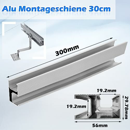 Aluminiummontageschiene 30 cm mit Maßen und Halterung.