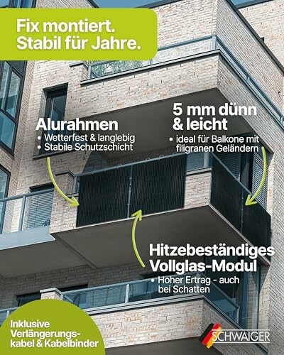 Werbung für Solarmodul mit Alurahmen auf Balkon.