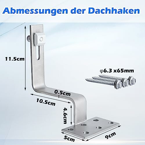 Diagramm der Abmessungen eines Dachhakens mit Schrauben.