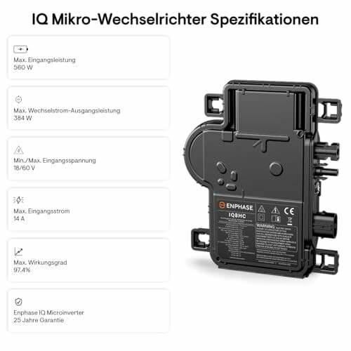 Enphase IQ Mikro-Wechselrichter mit Spezifikationen.