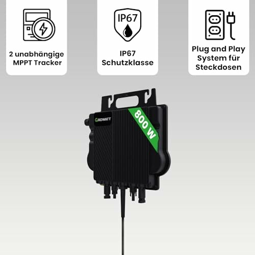 Growatt Solarinverter mit 800W Leistung, IP67 Schutz, zwei MPPT Tracker.