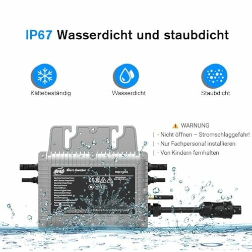 IP67 wasserdichtes und staubdichtes Gerät mit Warnhinweisen.