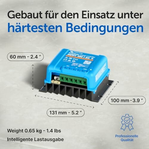 Robuste Elektronik-Einheit mit Abmessungen und Gewicht.