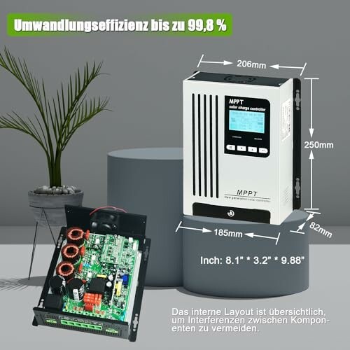 Diagramm eines Solar-Ladereglers mit Abmessungen.