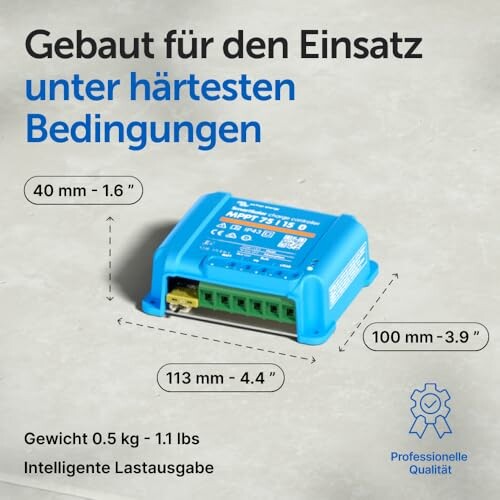 Blauer Solarladeregler mit technischen Spezifikationen.