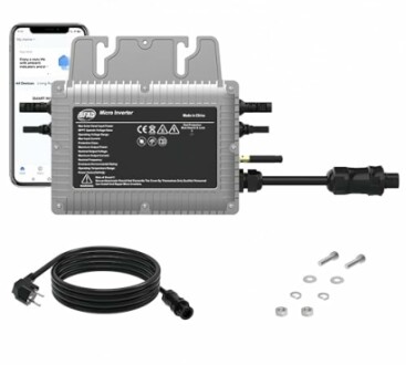 Mikro-Wechselrichter mit Kabeln und Smartphone.