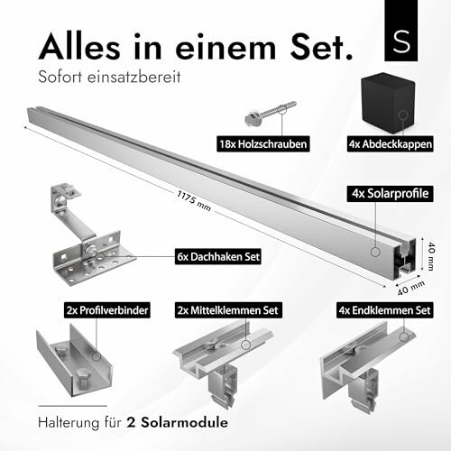 Komplettes Set zur Montage von Solarmodulen mit Schrauben, Halterungen und Profilen.