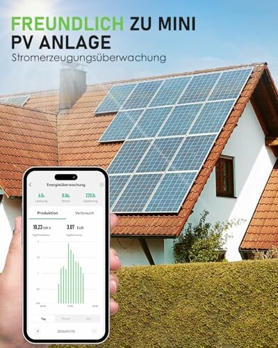 Solarzellen auf Dach mit Energieüberwachungs-App.