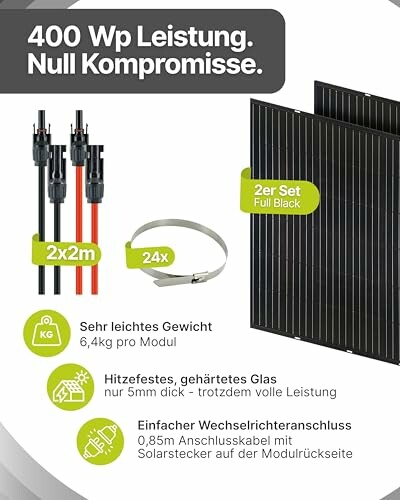 Solarmodul-Set mit technischen Details und Zubehör.
