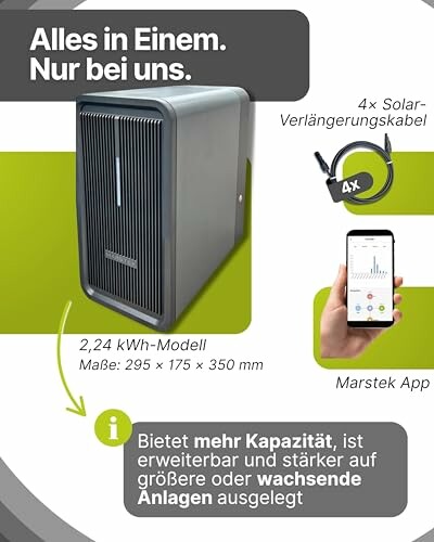 Solar-Energiespeichersystem mit App und Kabeln